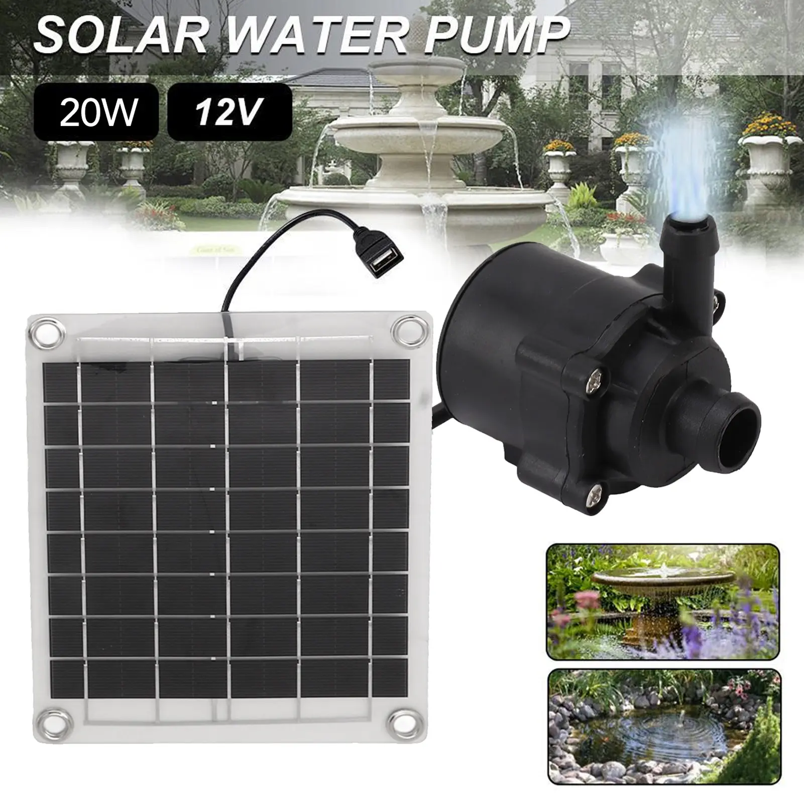Solar Water Pump Kit 20W Submersible for Fountain Pond Bird Bath Irrigation Adjustable Water Volume with Switch