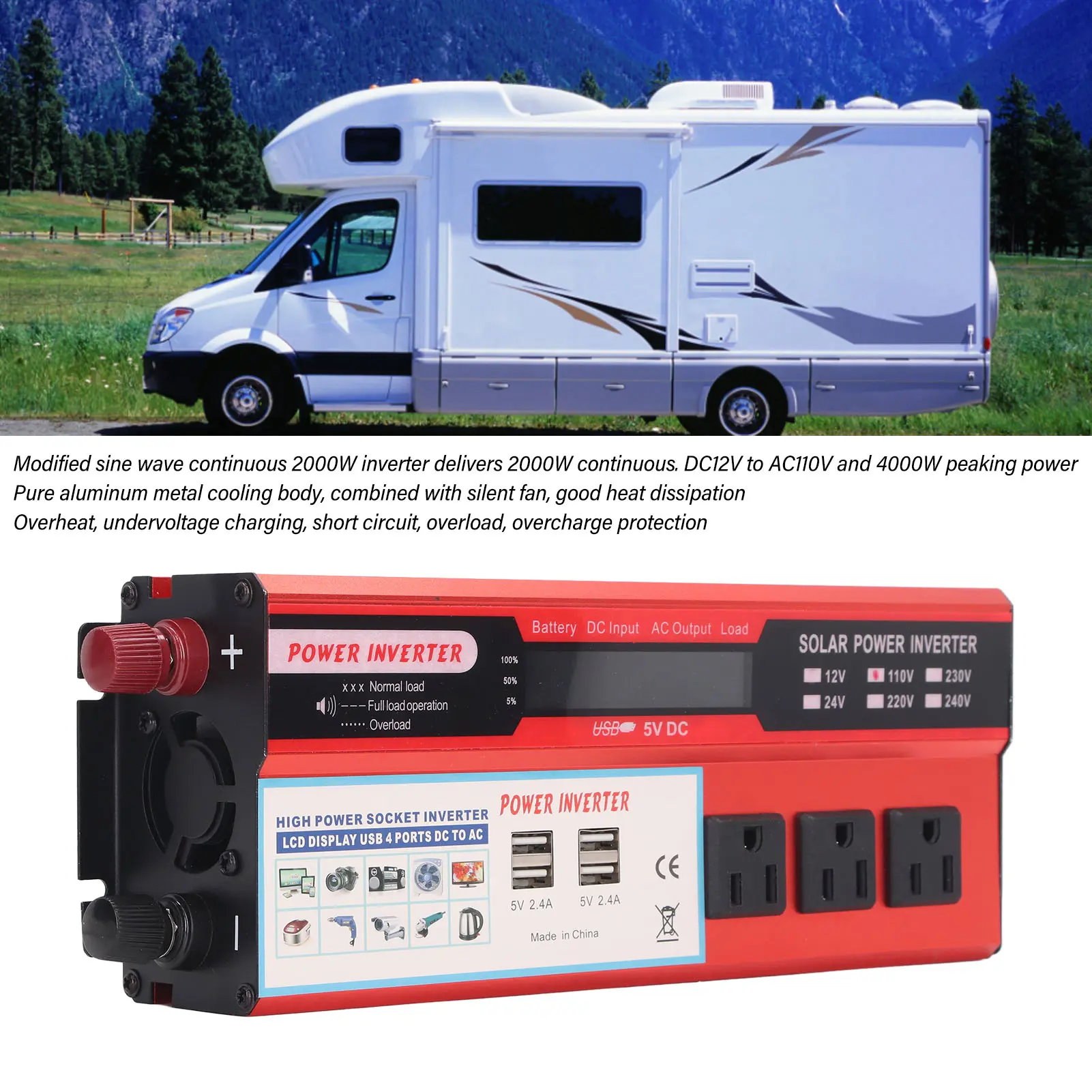 2000W Car Inverter Modified Sine  Car Inverter 4 USB Ports 3 Outlets LCD Digital Display Inverter AC110V