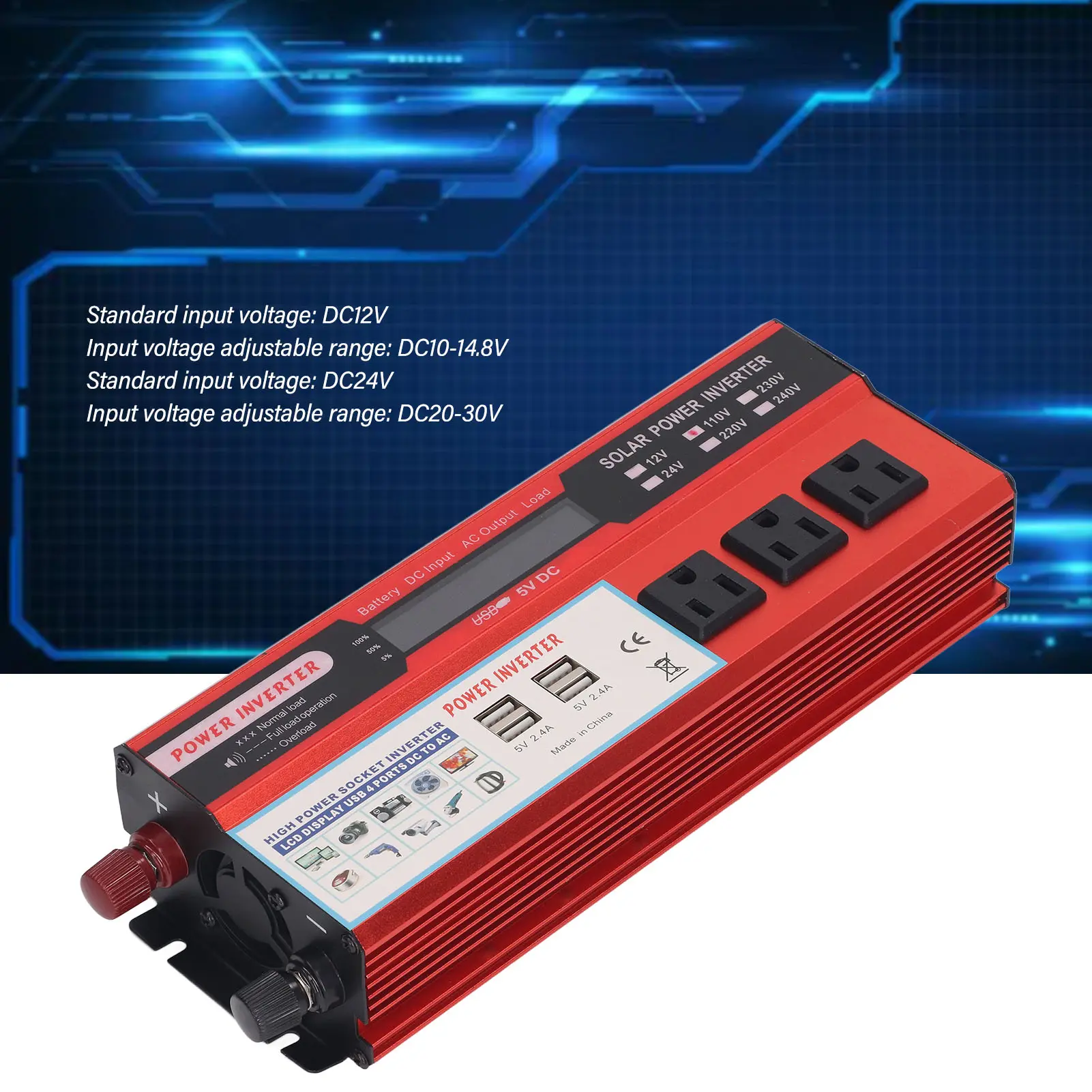 2000W Car Inverter Modified Sine  Car Inverter 4 USB Ports 3 Outlets LCD Digital Display Inverter AC110V