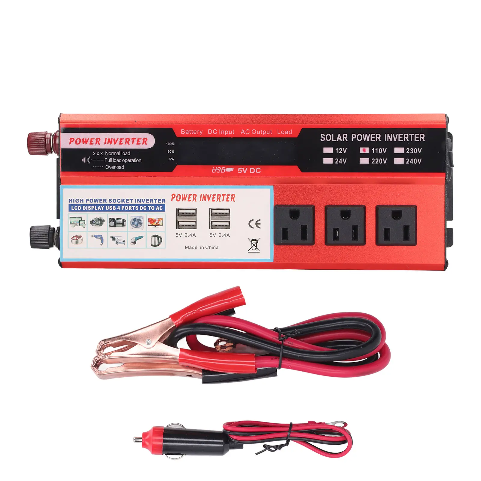 2000W Car Inverter Modified Sine  Car Inverter 4 USB Ports 3 Outlets LCD Digital Display Inverter AC110V