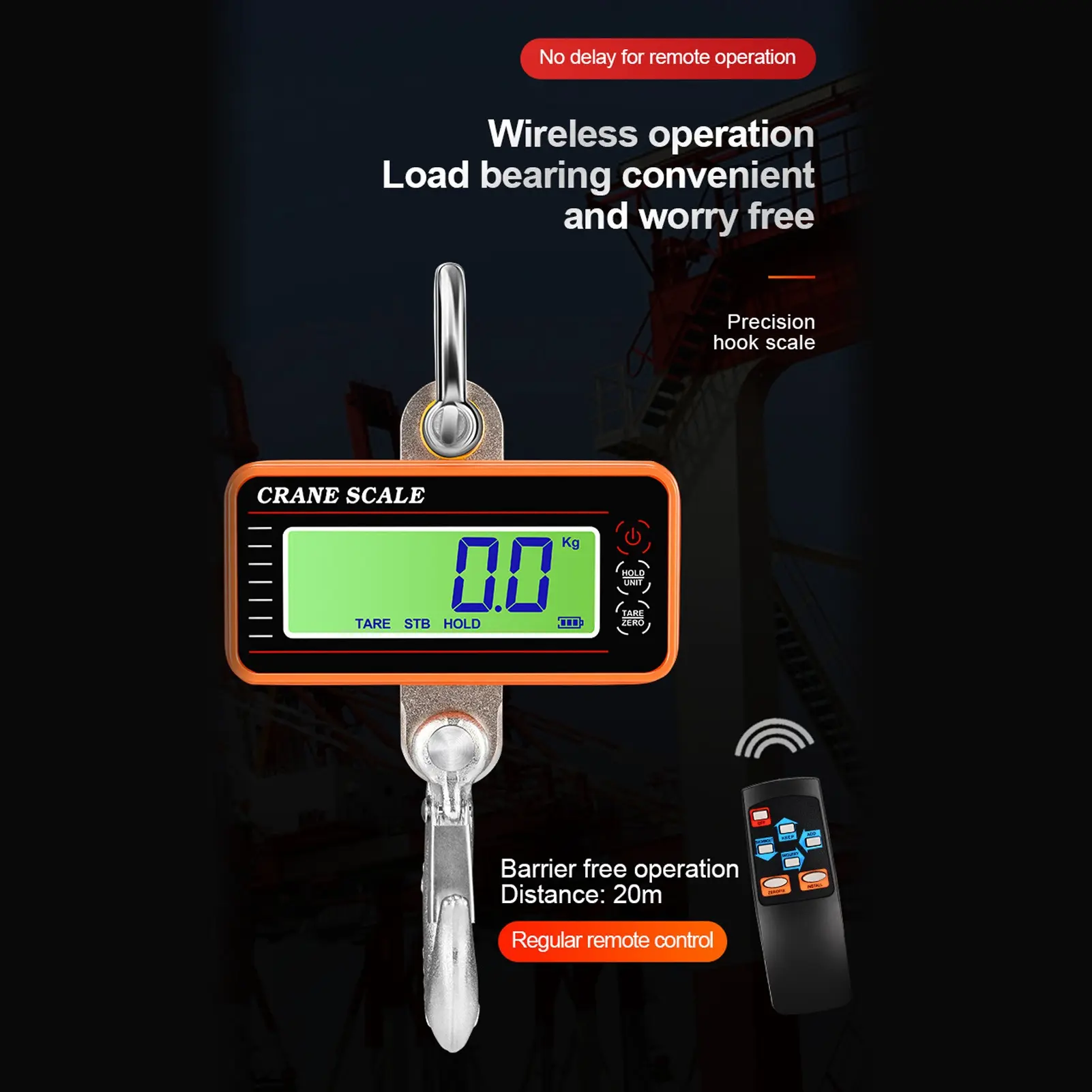 Digital Crane Scale 1500kg 3000lb Electronic Industrial Heavy Duty Hanging Scale with Remote Control LED Display Orange