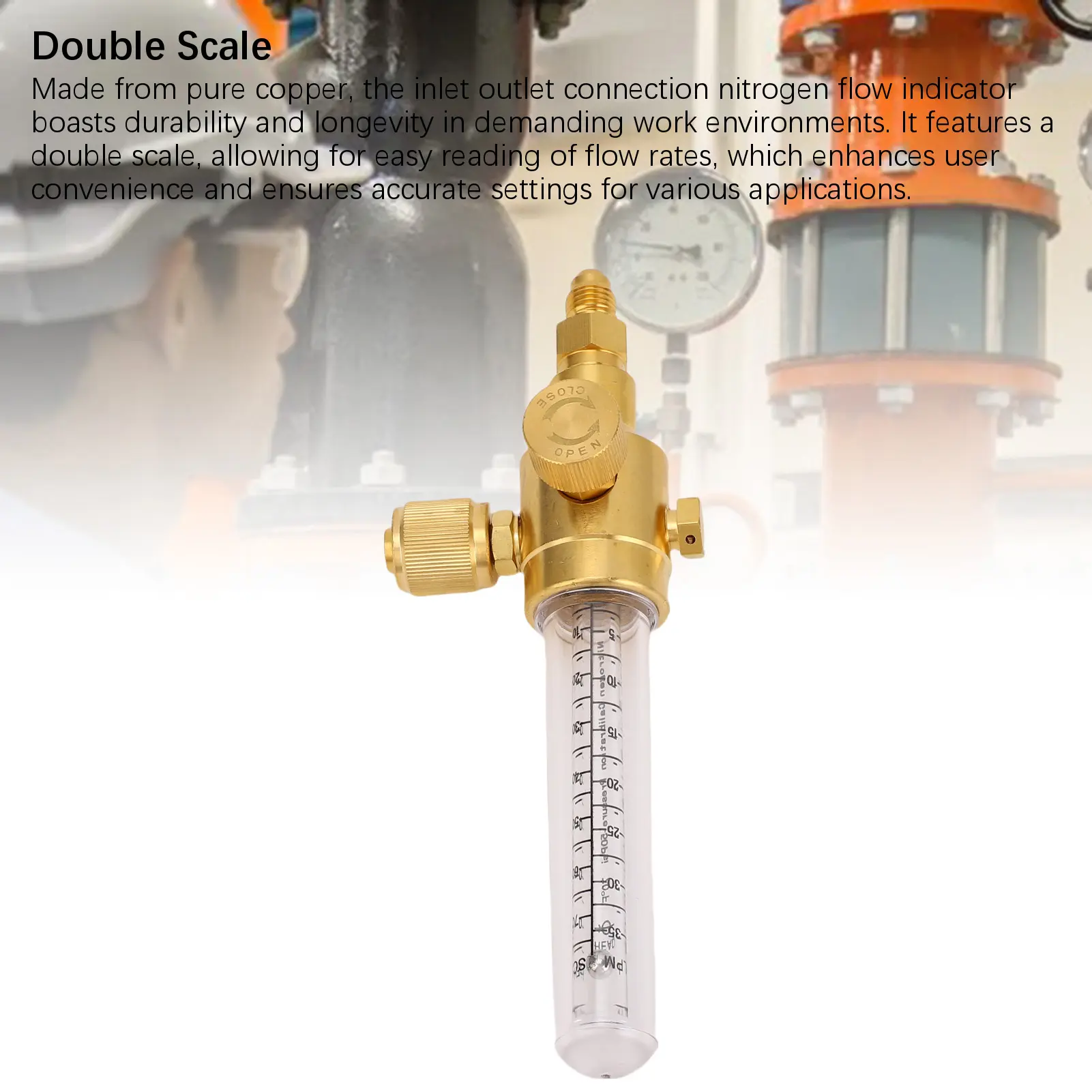 Nitrogen Flow Indicator Pure Copper Double Scale 1/4in Thread Inlet Outlet Connection Nitrogen Flow Indicator