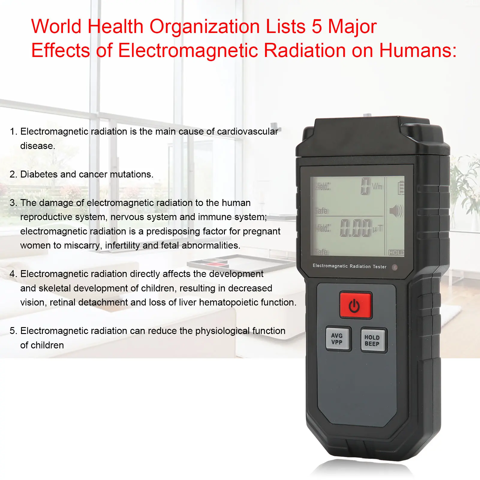 EMF Tester Electromagnetic Radiation Tester 1V/M‑1999V/M LCD EMF Meter with Sound Light Alarm for Home Appliance