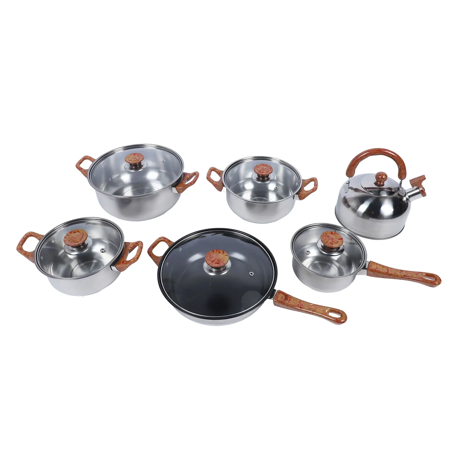 Stainless Steel Cookware Set Multifunctional Wooden Grain Kitchen Cookware Pots Pans Set with Kettle for Home Use