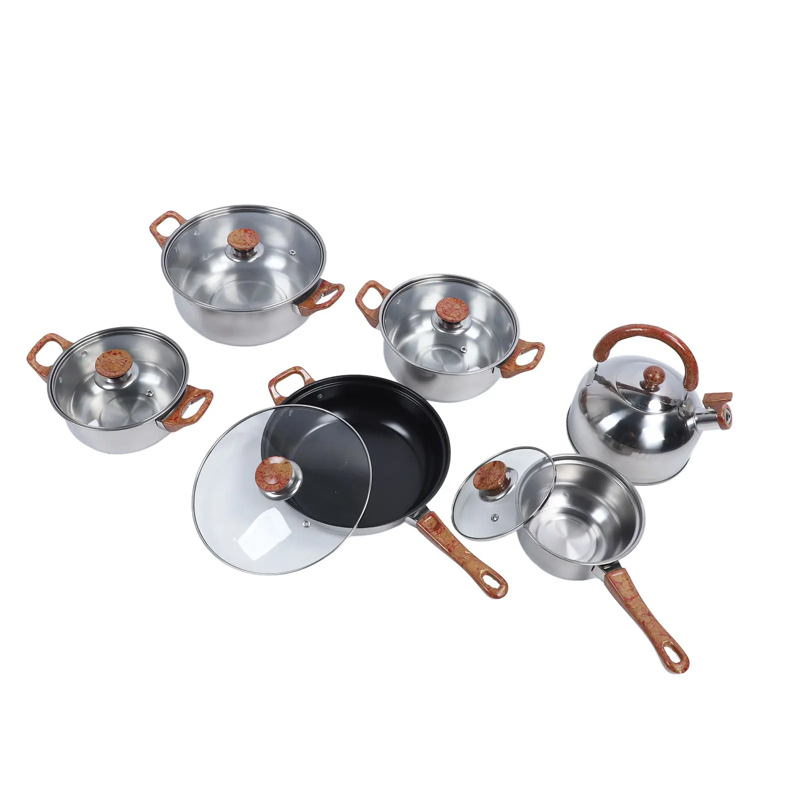 Stainless Steel Cookware Set Multifunctional Wooden Grain Kitchen Cookware Pots Pans Set with Kettle for Home Use