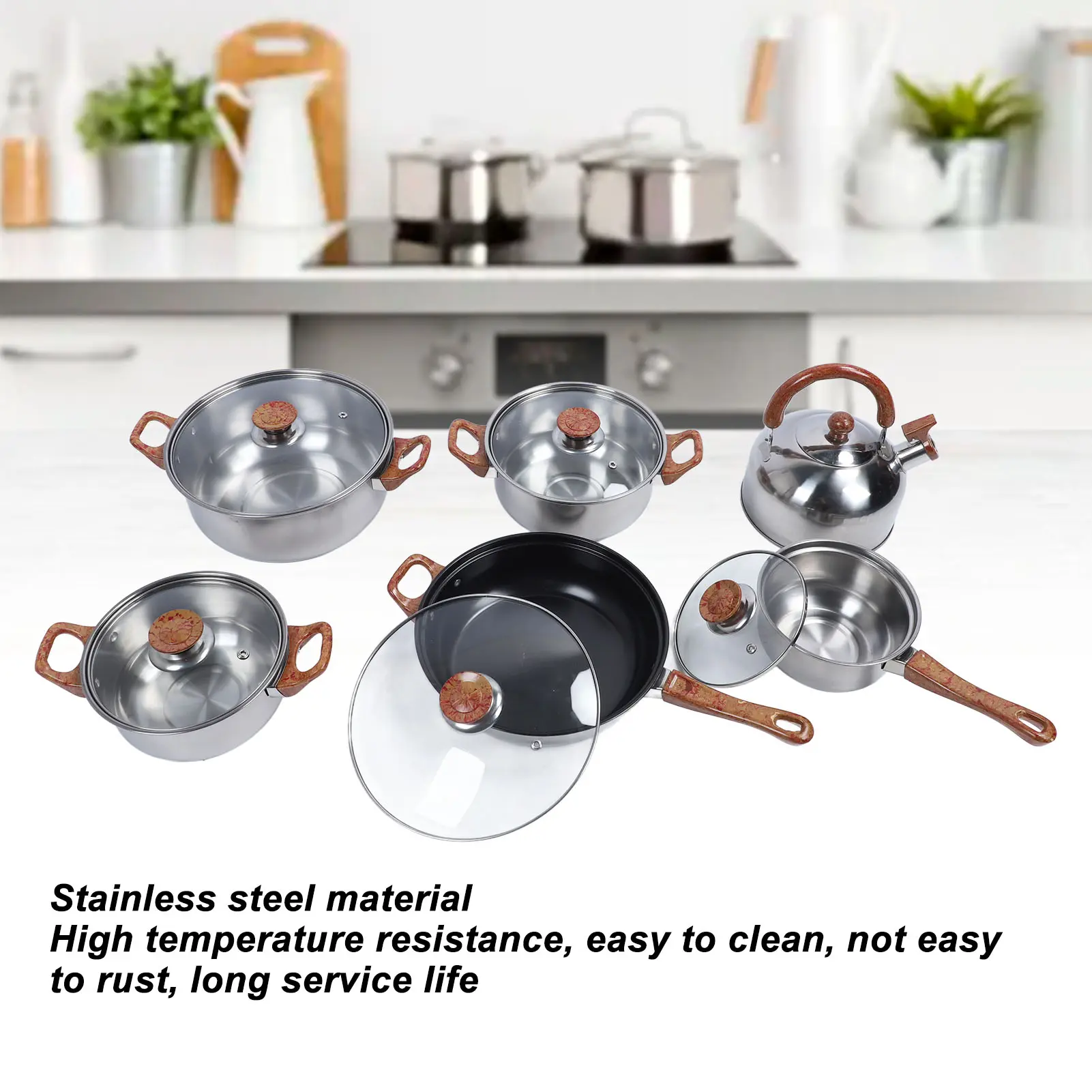 Stainless Steel Cookware Set Multifunctional Wooden Grain Kitchen Cookware Pots Pans Set with Kettle for Home Use