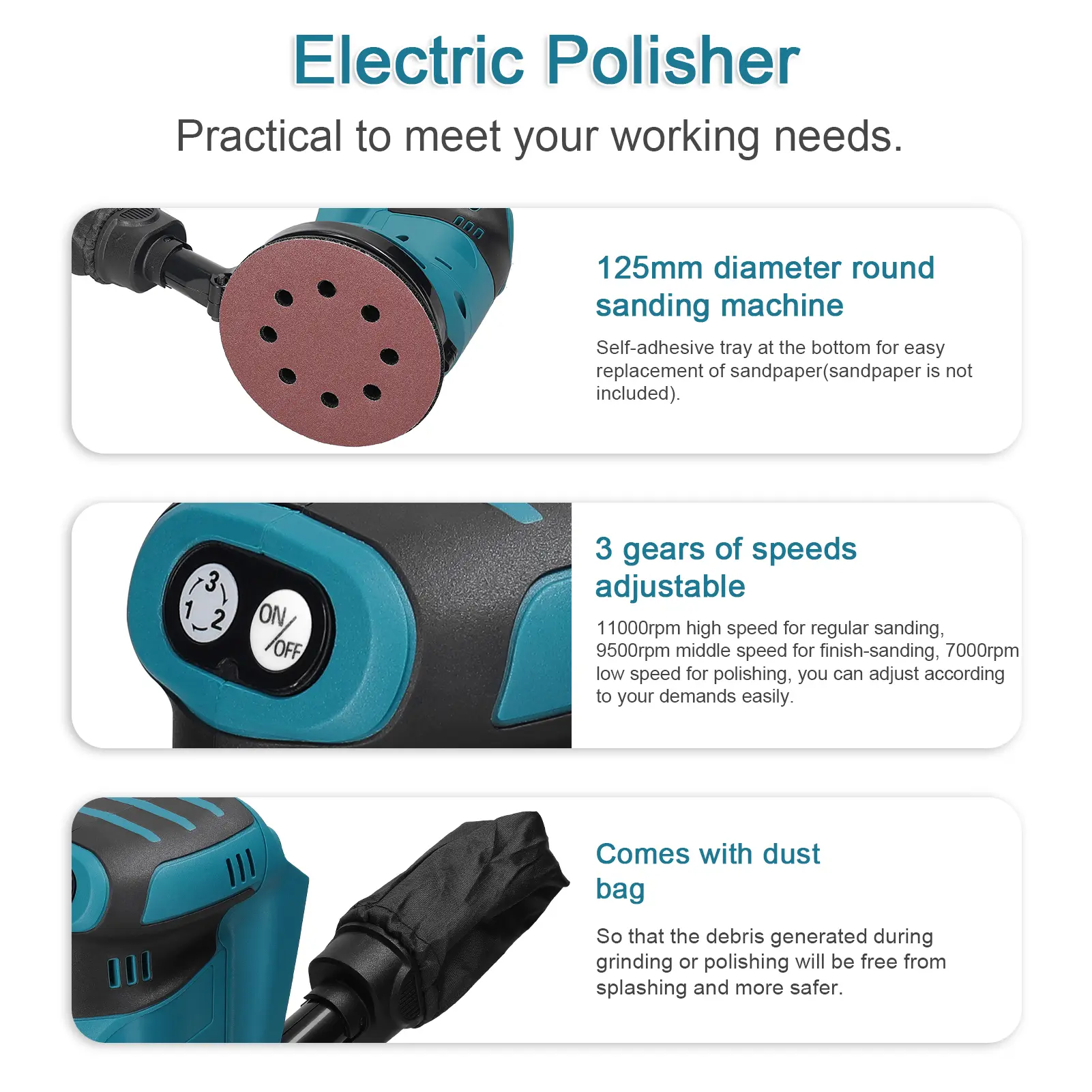 125mm Brush Motor Cordless Orbital Sander Wood Grinder Electric Car Polisher Multifunctional Wood Metal Waxing Polishing Grindin