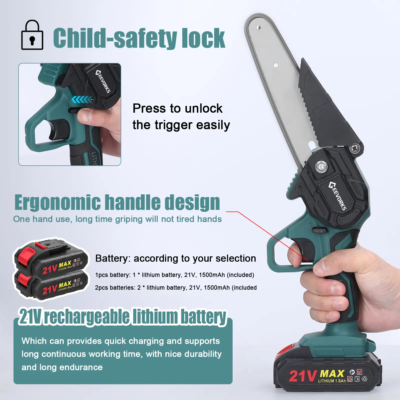 21V 6inch Portable Electric Pruning Saws Rechargeable Small Wood Spliting Chainsaw One-handed Woodworking Tool for Garden Orchar