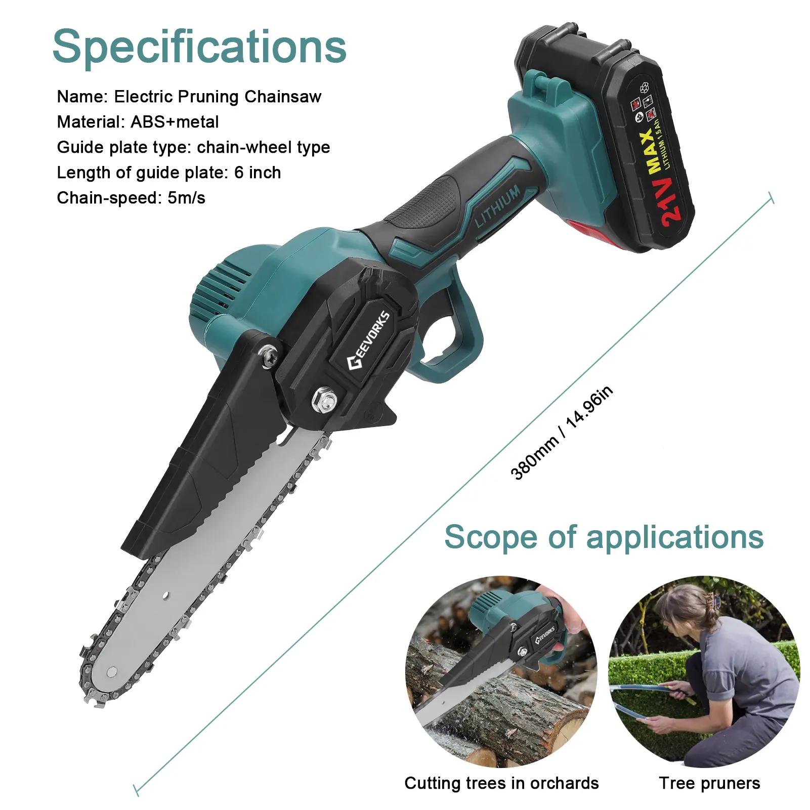 21V 6inch Portable Electric Pruning Saws Rechargeable Small Wood Spliting Chainsaw One-handed Woodworking Tool for Garden Orchar