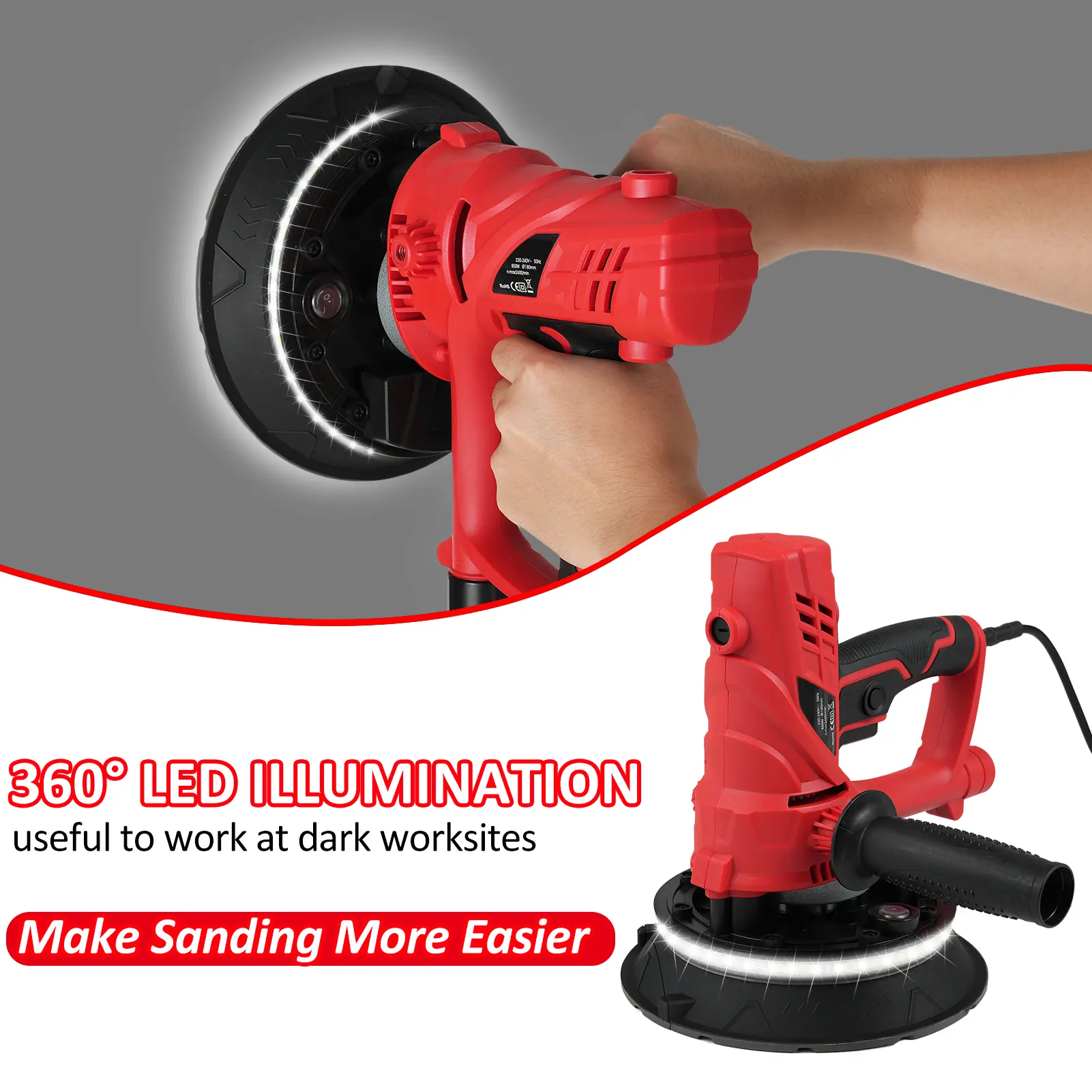 Handheld Drywall Sander 850W Electric Sander with 12pcs Sanding Discs Variable Speed 1500-2600 RPM Wall Sander with Automatic Va