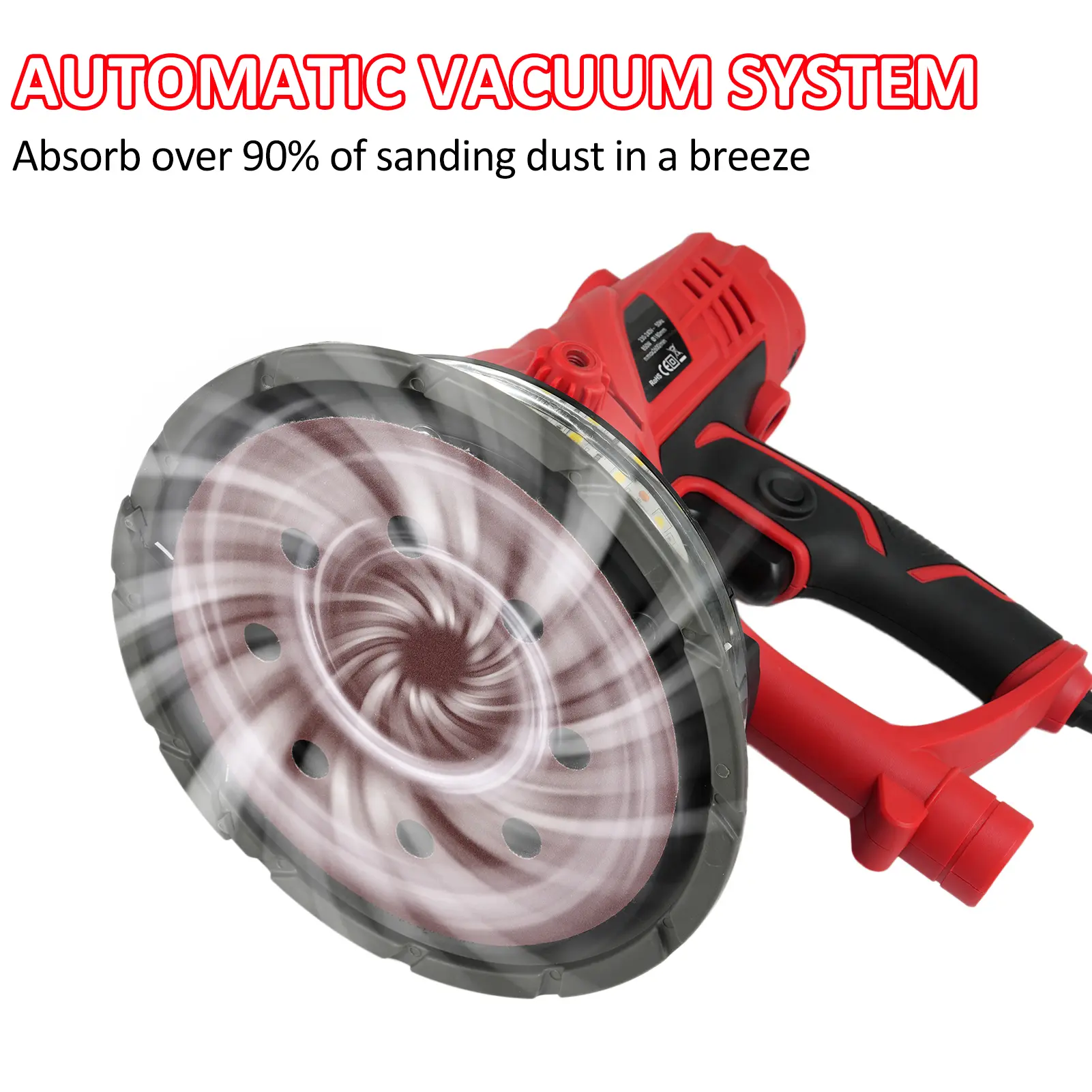 Handheld Drywall Sander 850W Electric Sander with 12pcs Sanding Discs Variable Speed 1500-2600 RPM Wall Sander with Automatic Va