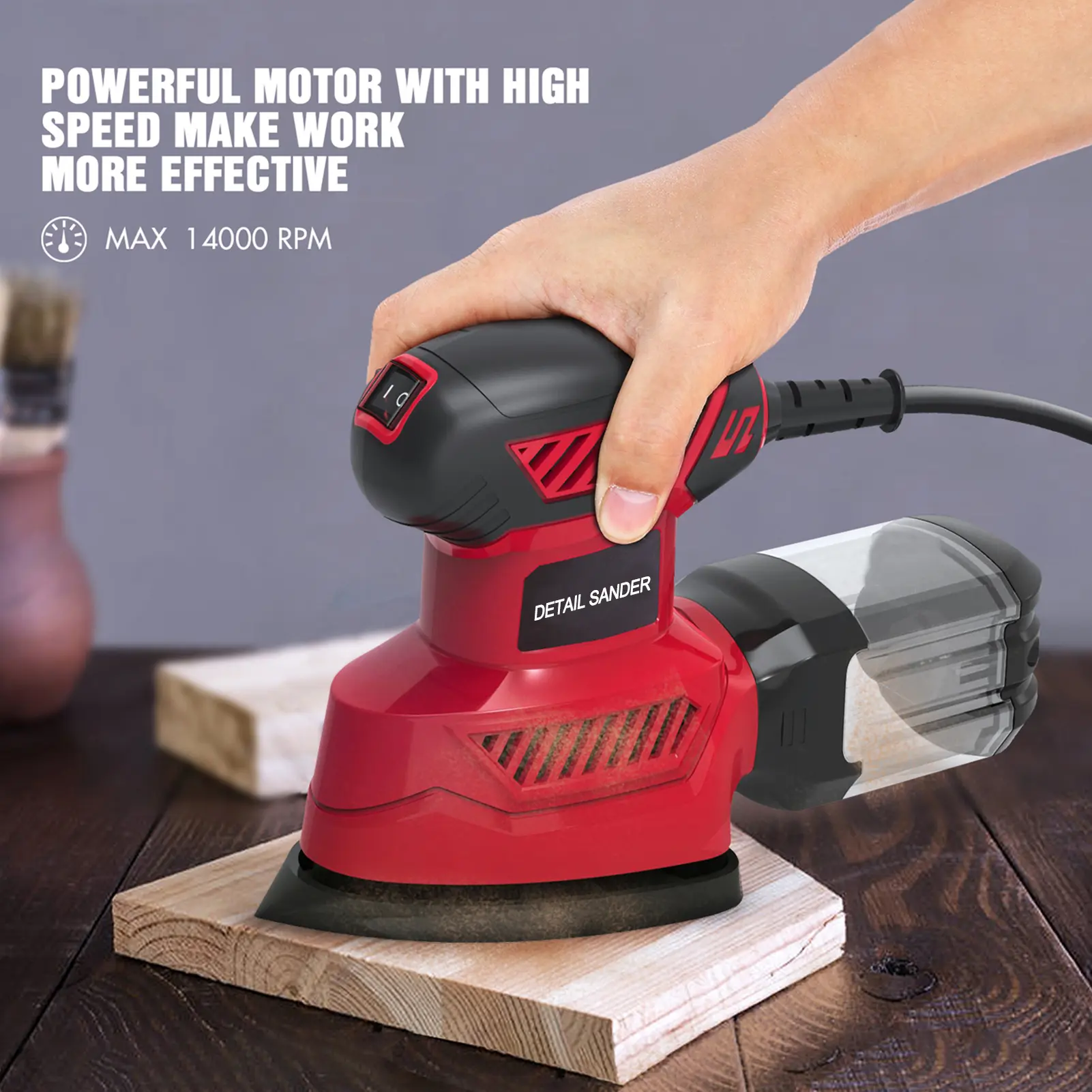 14000RPM Electric Detail Sander Compact Electric Sander 20Pcs Sandpapers Dust Collection Port Connected with the Vacuum Cleaner