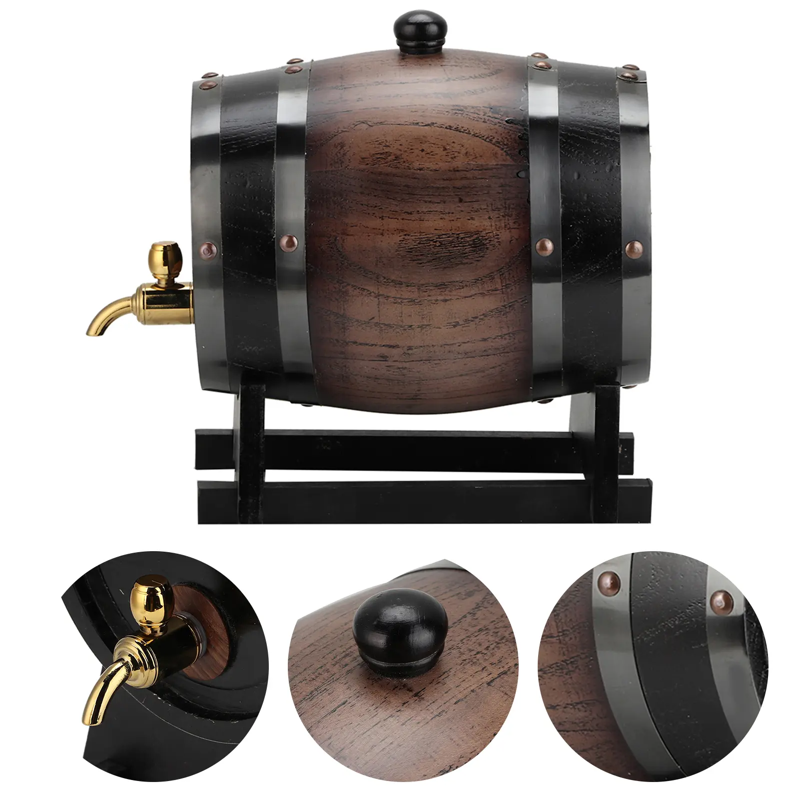 3L Wine Barrel Vintage Striped Black Oak Red Wine Barrel Keg Bucket Container with Faucet for Brandy Whisky