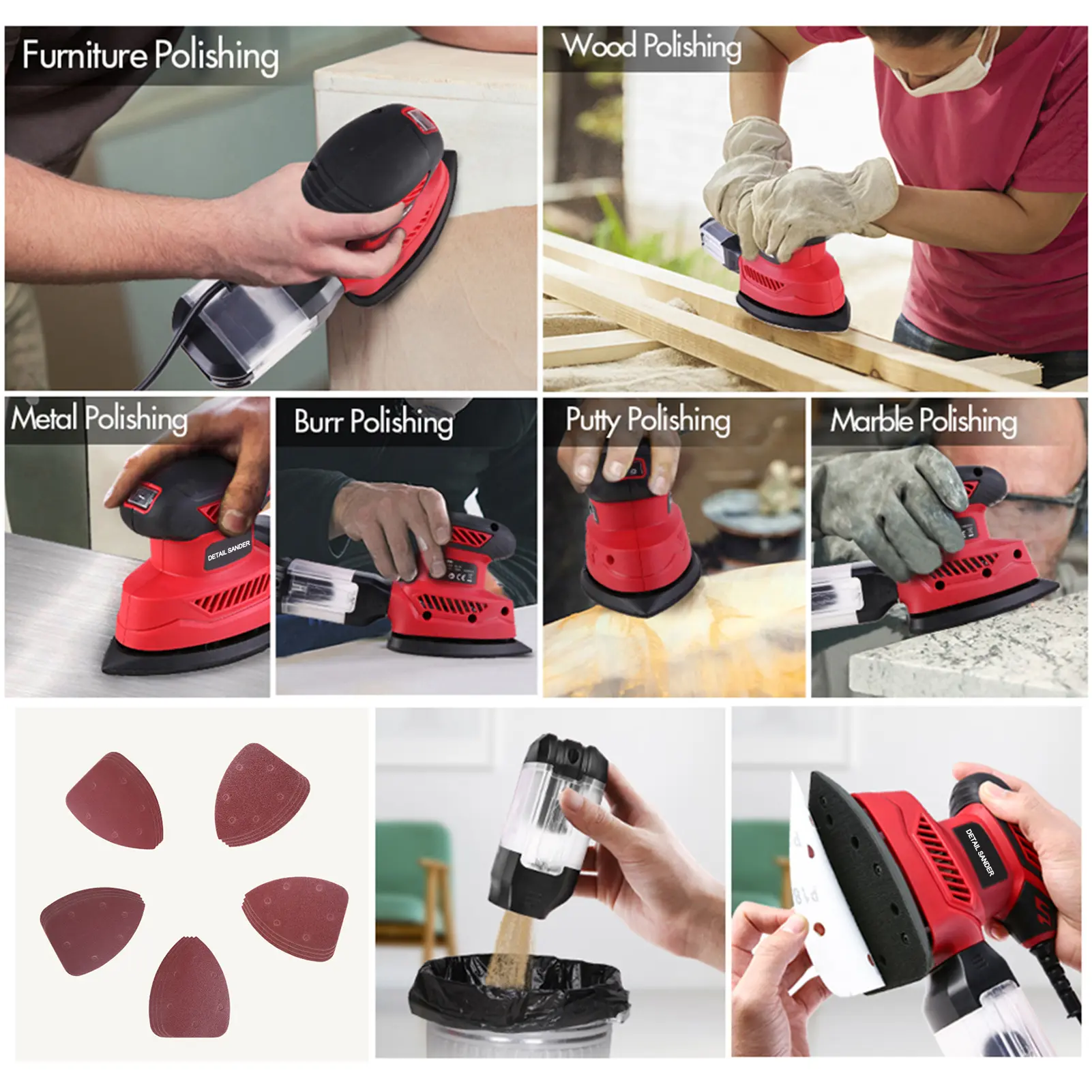 14000RPM Electric Detail Sander Compact Electric Sander 20Pcs Sandpapers Dust Collection Port Connected with the Vacuum Cleaner