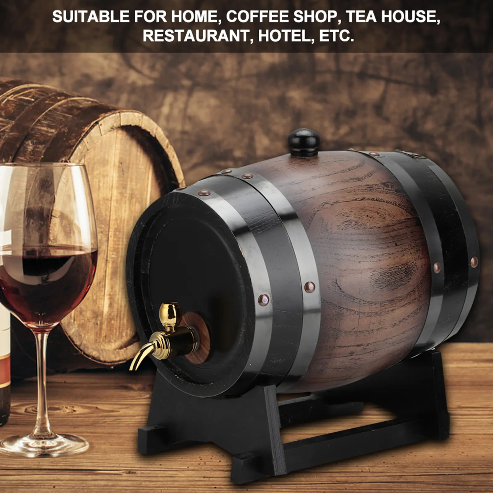 3L Wine Barrel Vintage Striped Black Oak Red Wine Barrel Keg Bucket Container with Faucet for Brandy Whisky