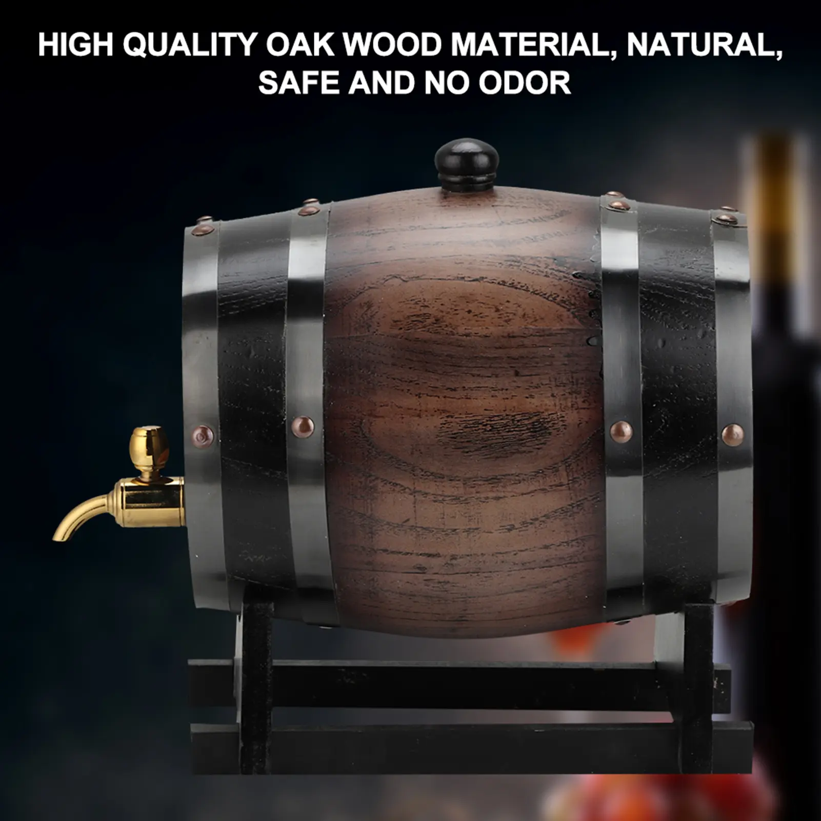 3L Wine Barrel Vintage Striped Black Oak Red Wine Barrel Keg Bucket Container with Faucet for Brandy Whisky