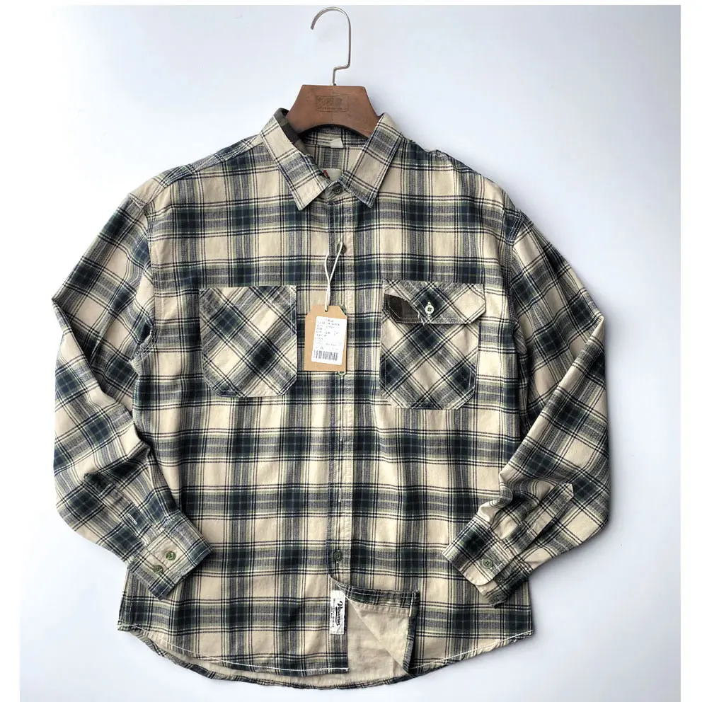 2025 Autumn New Japanese Retro Long-Sleeve Lapel Plaid Cargo Shirt Men's Simple 100% Cotton Washed Double Pocket Casual Blouses