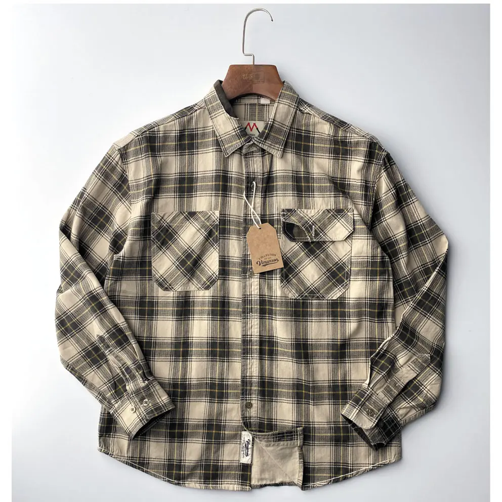 2025 Autumn New Japanese Retro Long-Sleeve Lapel Plaid Cargo Shirt Men's Simple 100% Cotton Washed Double Pocket Casual Blouses