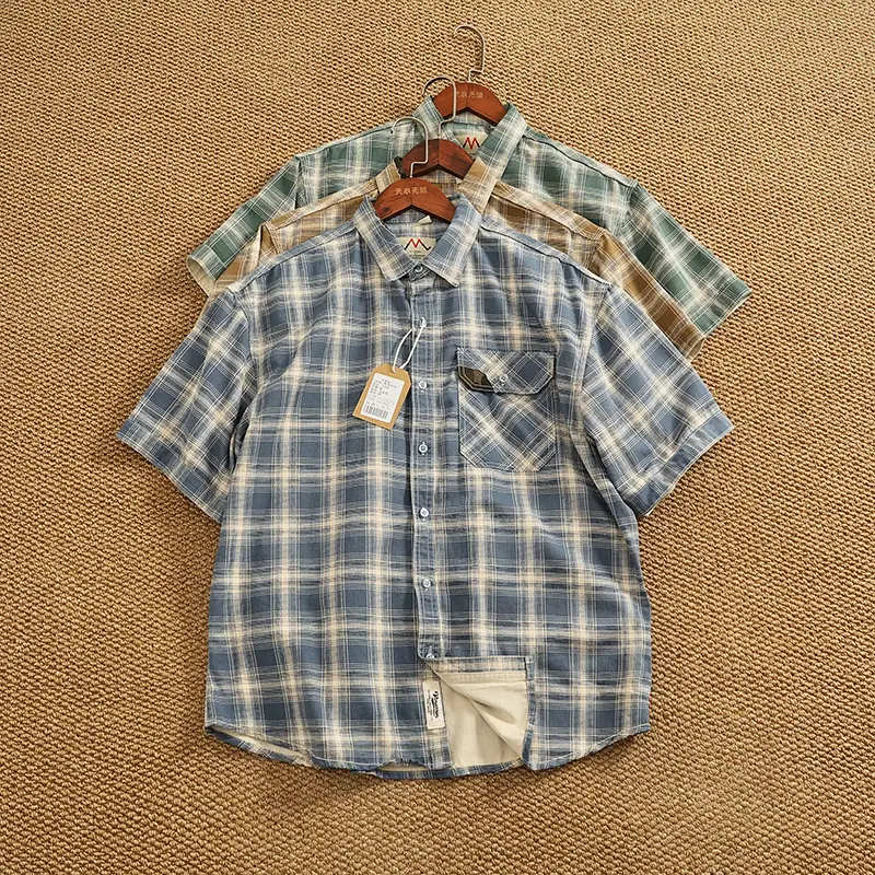 2025 Summer New American Retro Short Sleeve Lapel Plaid Cargo Shirt Men's Simple 100% Cotton Washed Single Pocket Casual Blouses