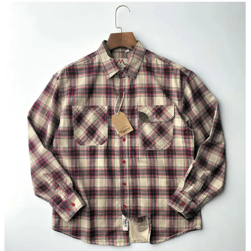 2025 Autumn New Japanese Retro Long-Sleeve Lapel Plaid Cargo Shirt Men's Simple 100% Cotton Washed Double Pocket Casual Blouses