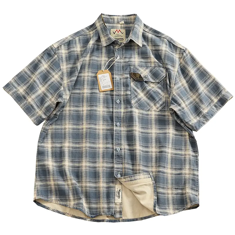 2025 Summer New American Retro Short Sleeve Lapel Plaid Cargo Shirt Men's Simple 100% Cotton Washed Single Pocket Casual Blouses