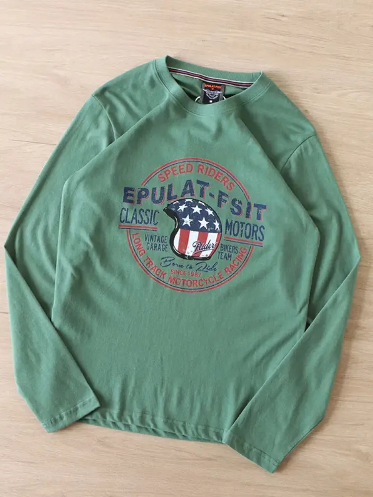 2025 Autumn New American Retro Long Sleeve O-neck Letter Printed T-shirt Men's Fashion 100% Cotton Washed Casual Youth Tops