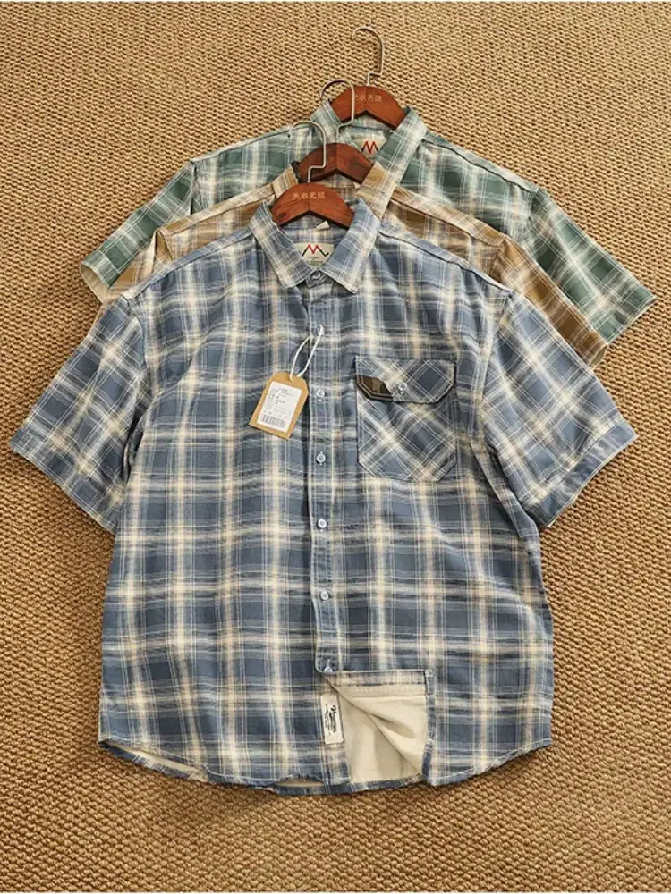 2025 Summer New American Retro Short Sleeve Lapel Plaid Cargo Shirt Men's Simple 100% Cotton Washed Single Pocket Casual Blouses