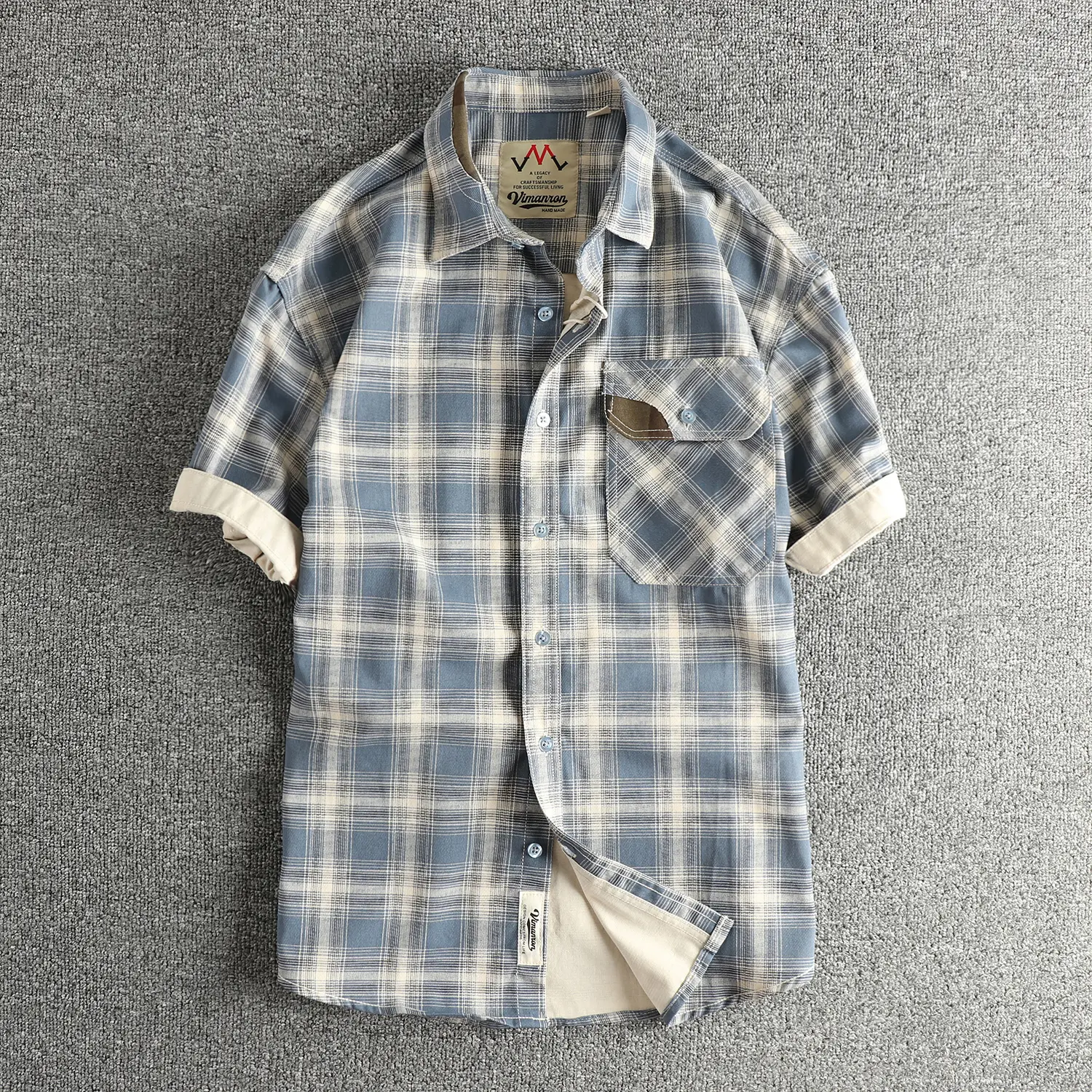 2025 Summer New American Retro Short Sleeve Lapel Plaid Cargo Shirt Men's Simple 100% Cotton Washed Single Pocket Casual Blouses