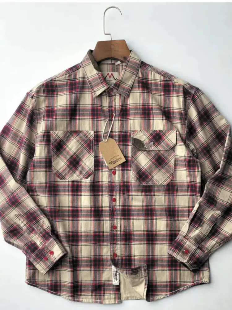 2025 Autumn New Japanese Retro Long-Sleeve Lapel Plaid Cargo Shirt Men's Simple 100% Cotton Washed Double Pocket Casual Blouses