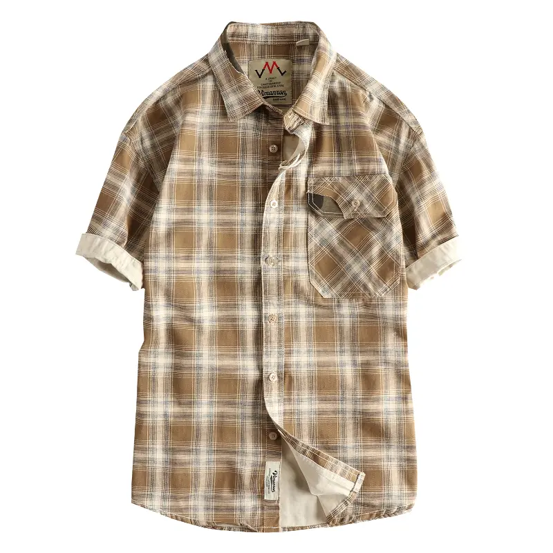 2025 Summer New American Retro Short Sleeve Lapel Plaid Cargo Shirt Men's Simple 100% Cotton Washed Single Pocket Casual Blouses