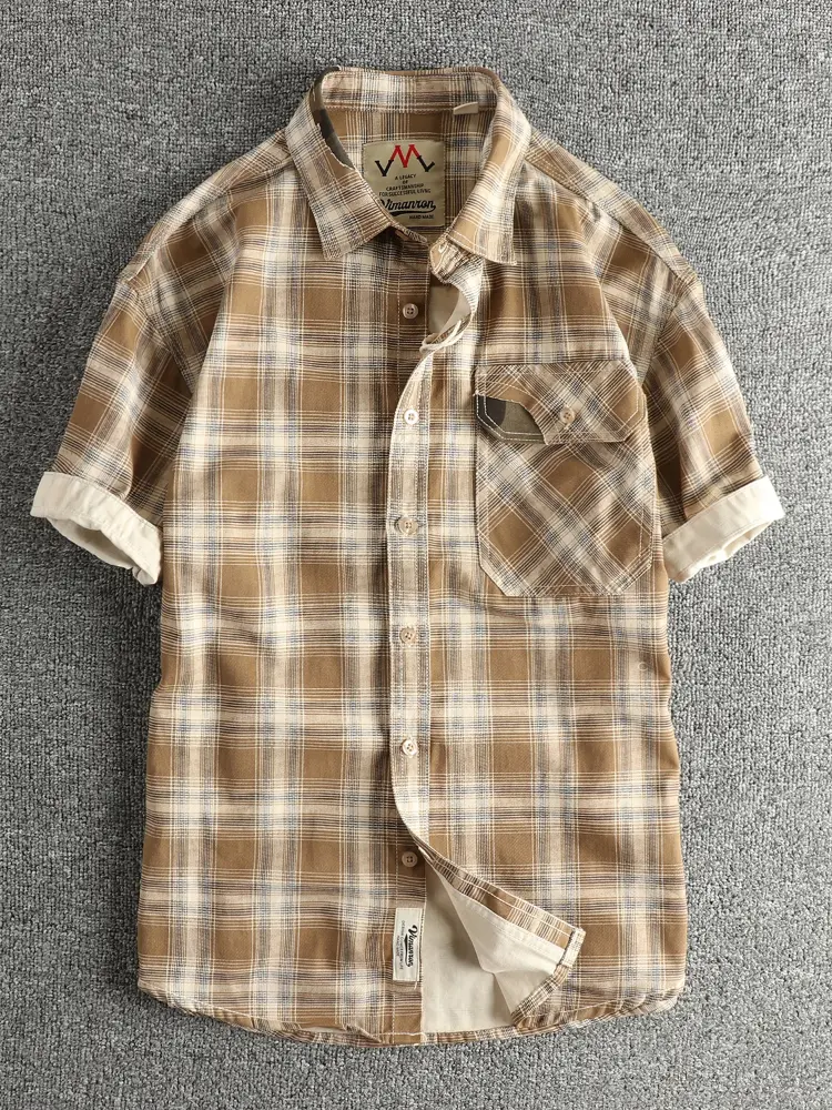 2025 Summer New American Retro Short Sleeve Lapel Plaid Cargo Shirt Men's Simple 100% Cotton Washed Single Pocket Casual Blouses