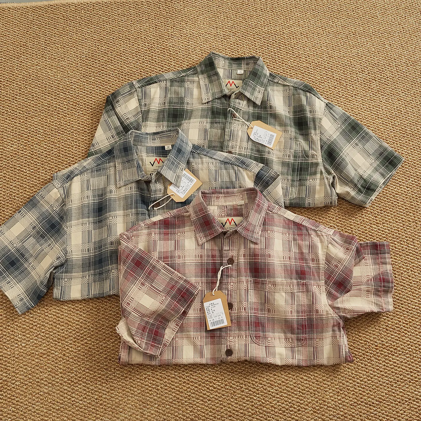2025 Summer New American Retro Short Sleeve Lapel Plaid Cargo Shirt Men's Simple 100% Cotton Washed Single Pocket Casual Blouses