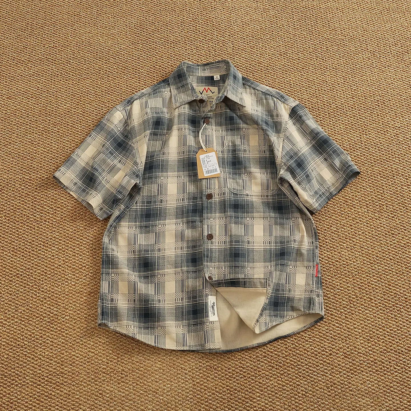 2025 Summer New American Retro Short Sleeve Lapel Plaid Cargo Shirt Men's Simple 100% Cotton Washed Single Pocket Casual Blouses
