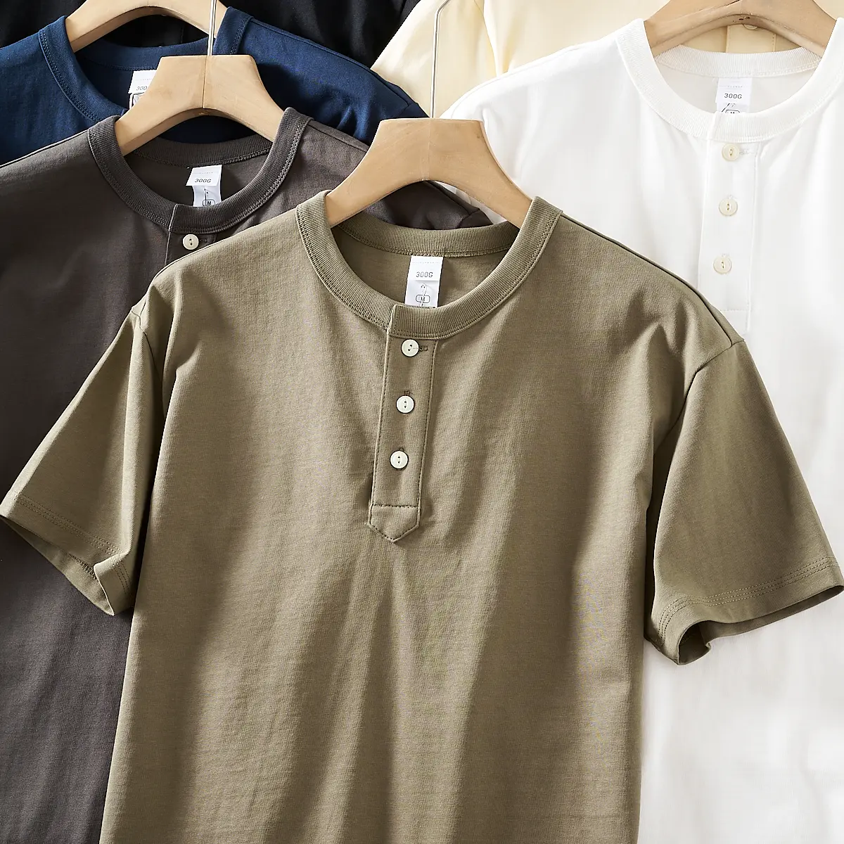 2025 Summer American Retro Short Sleeve Henry Collar Solid Color T-shirt Men's Simple 100% Cotton Washed Casual Tough Guy Tops