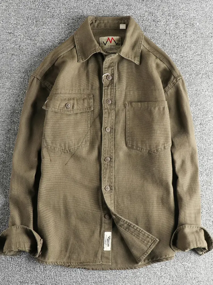 2025 Spring and Autumn New American Retro Woven Twill Cargo Shirt Men's Simple 100% Cotton Washed Double Pocket Causal Blousers
