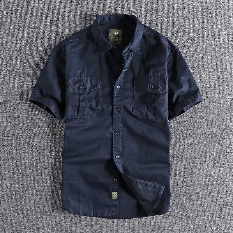 2025 Summer New American Retro Short Sleeve Lapel Cargo Shirt Men's Simple 100% Cotton Washed Double Pockets Casual Slim Blouses