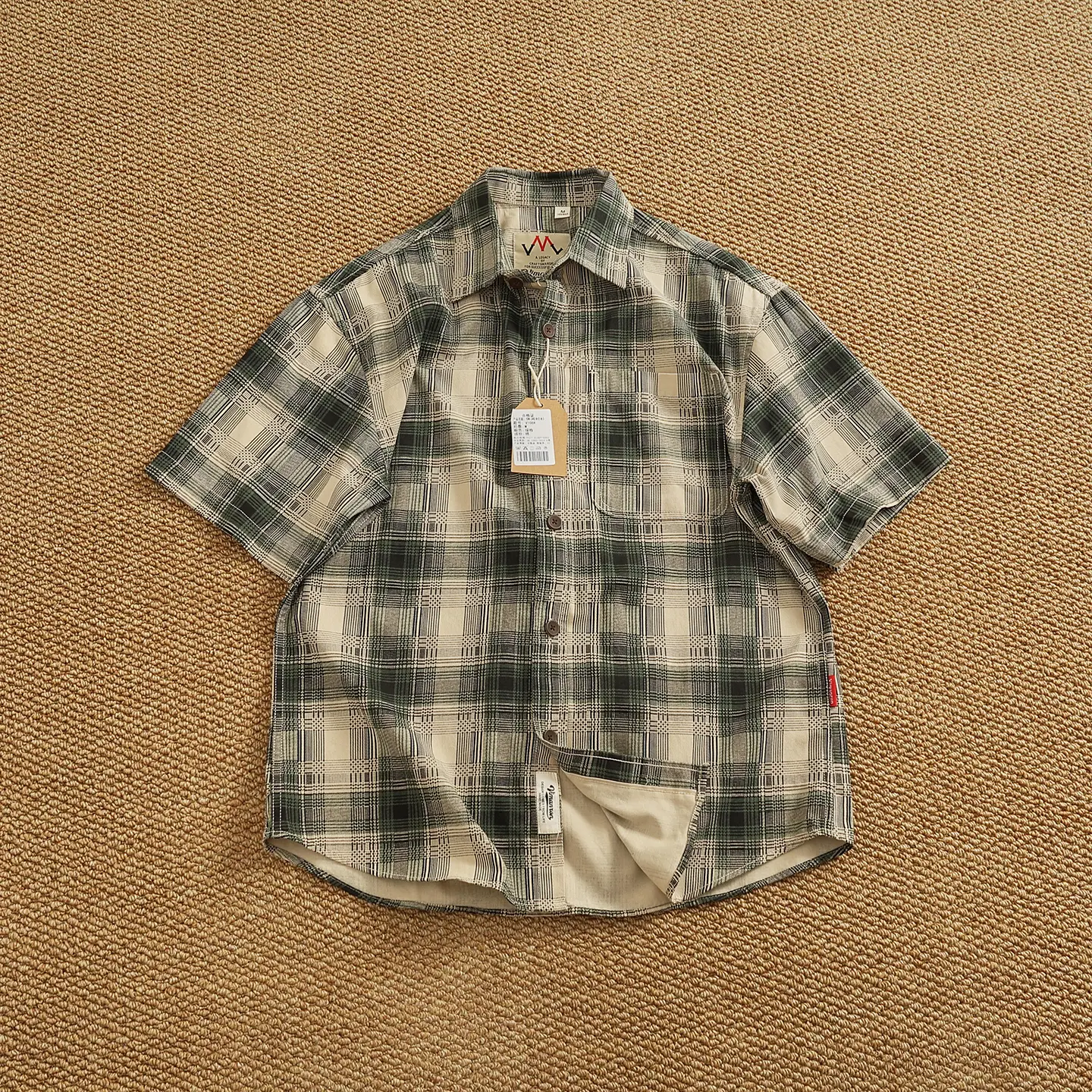 2025 Summer New American Retro Short Sleeve Lapel Plaid Cargo Shirt Men's Simple 100% Cotton Washed Single Pocket Casual Blouses