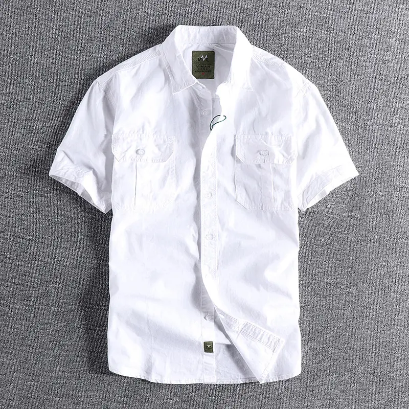 2025 Summer New American Retro Short Sleeve Lapel Cargo Shirt Men's Simple 100% Cotton Washed Double Pockets Casual Slim Blouses