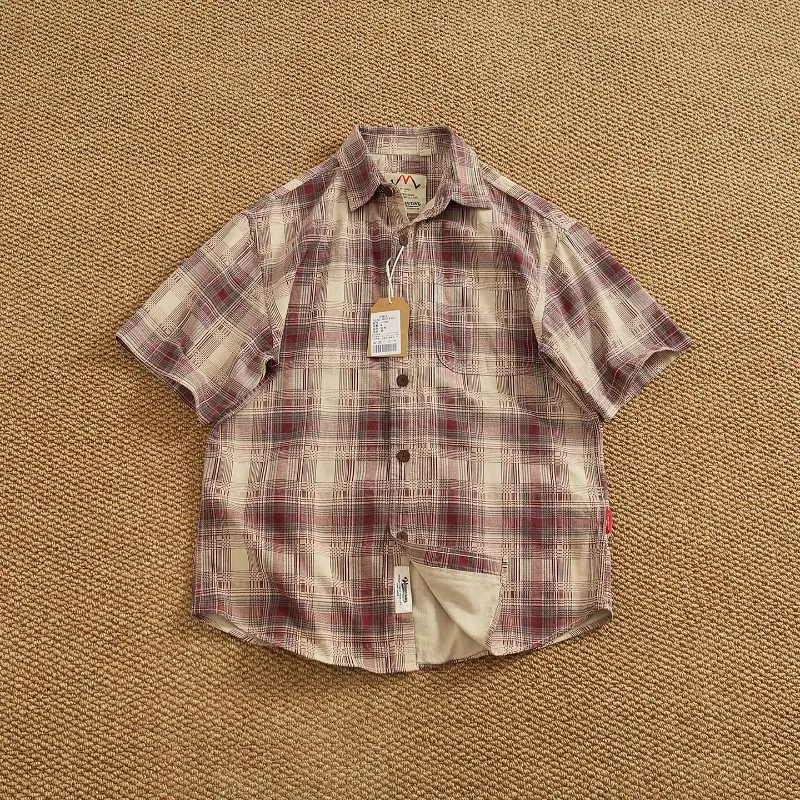 2025 Summer New American Retro Short Sleeve Lapel Plaid Cargo Shirt Men's Simple 100% Cotton Washed Single Pocket Casual Blouses