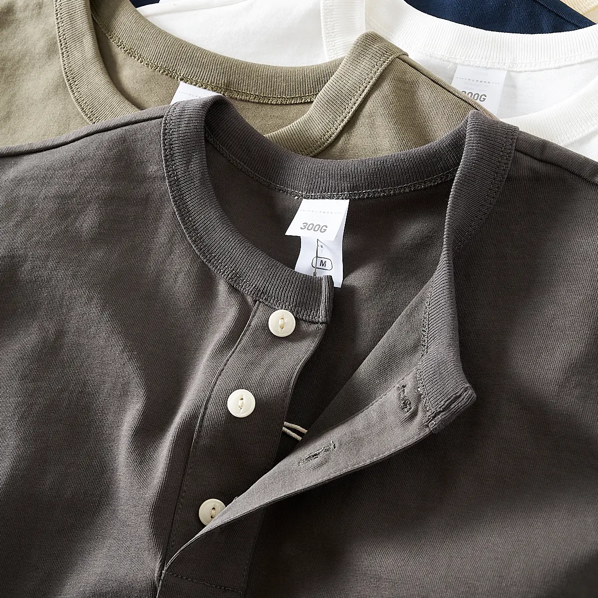 2025 Summer American Retro Short Sleeve Henry Collar Solid Color T-shirt Men's Simple 100% Cotton Washed Casual Tough Guy Tops