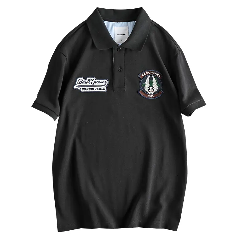 Summer New American Retro Short-sleeved Lapel Embroidery Badge Polo Shirt Men's Fashion 100% Cotton Washed Casual Business Tops