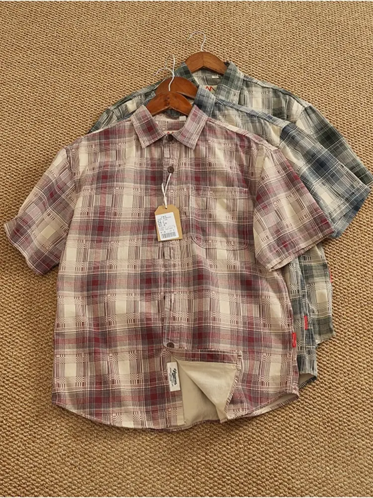 2025 Summer New American Retro Short Sleeve Lapel Plaid Cargo Shirt Men's Simple 100% Cotton Washed Single Pocket Casual Blouses