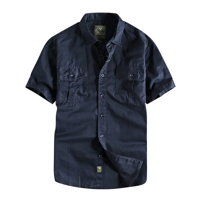2025 Summer New American Retro Short Sleeve Lapel Cargo Shirt Men's Simple 100% Cotton Washed Double Pockets Casual Slim Blouses