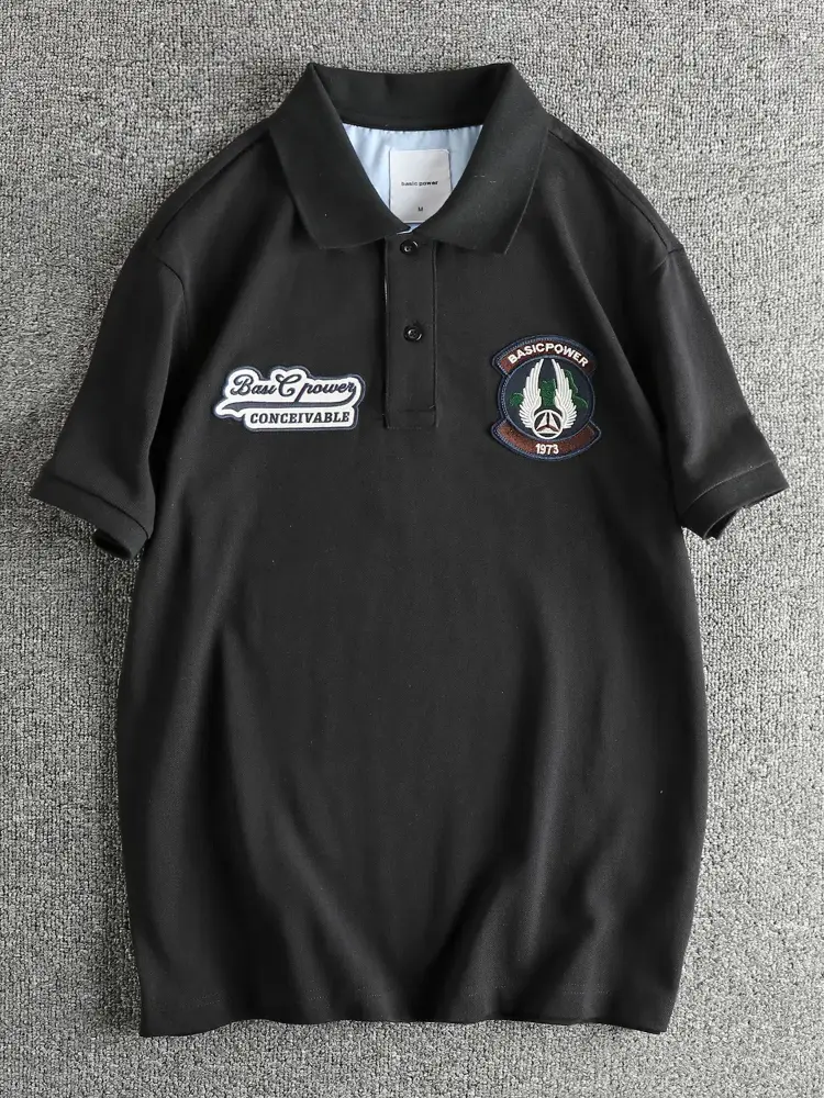 Summer New American Retro Short-sleeved Lapel Embroidery Badge Polo Shirt Men's Fashion 100% Cotton Washed Casual Business Tops