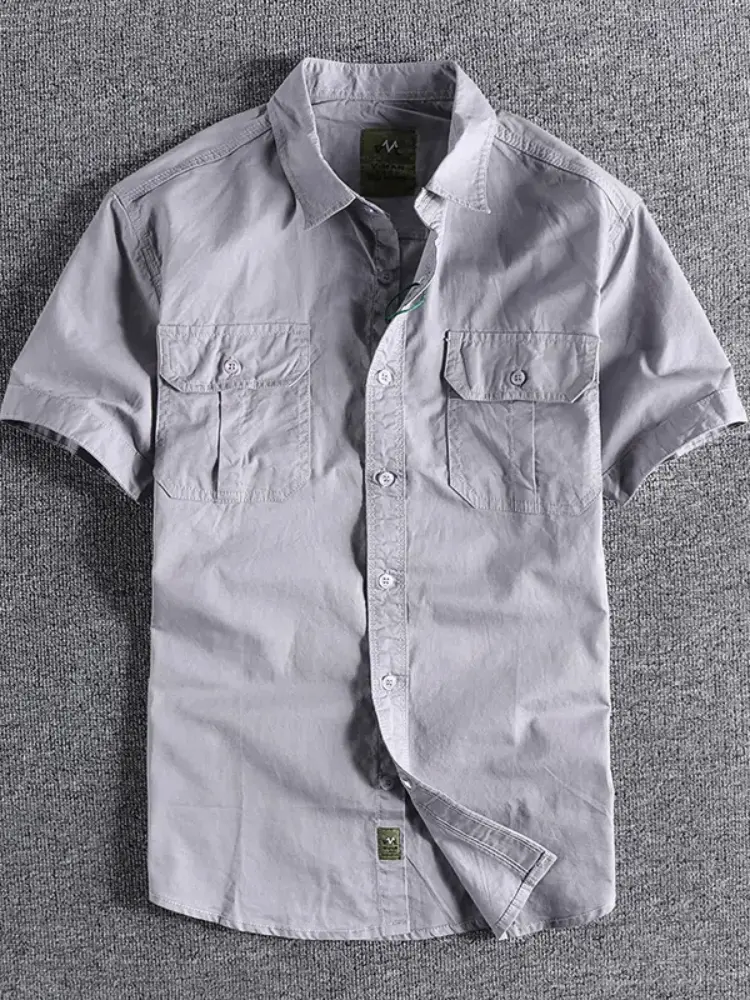 2025 Summer New American Retro Short Sleeve Lapel Cargo Shirt Men's Simple 100% Cotton Washed Double Pockets Casual Slim Blouses