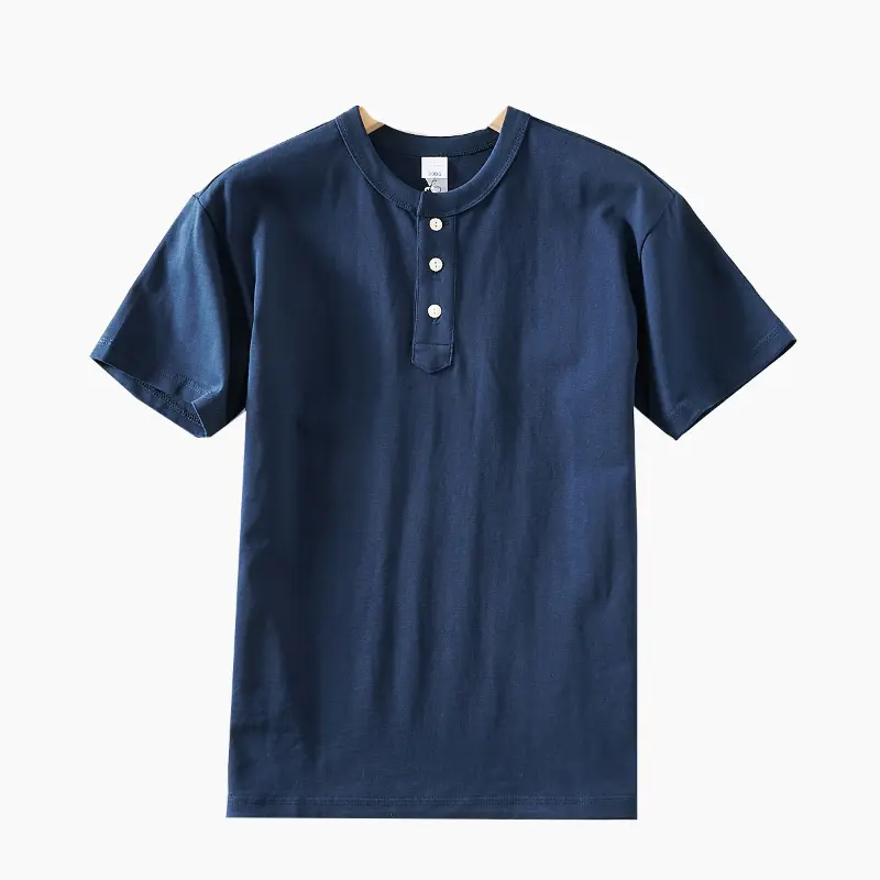 2025 Summer American Retro Short Sleeve Henry Collar Solid Color T-shirt Men's Simple 100% Cotton Washed Casual Tough Guy Tops