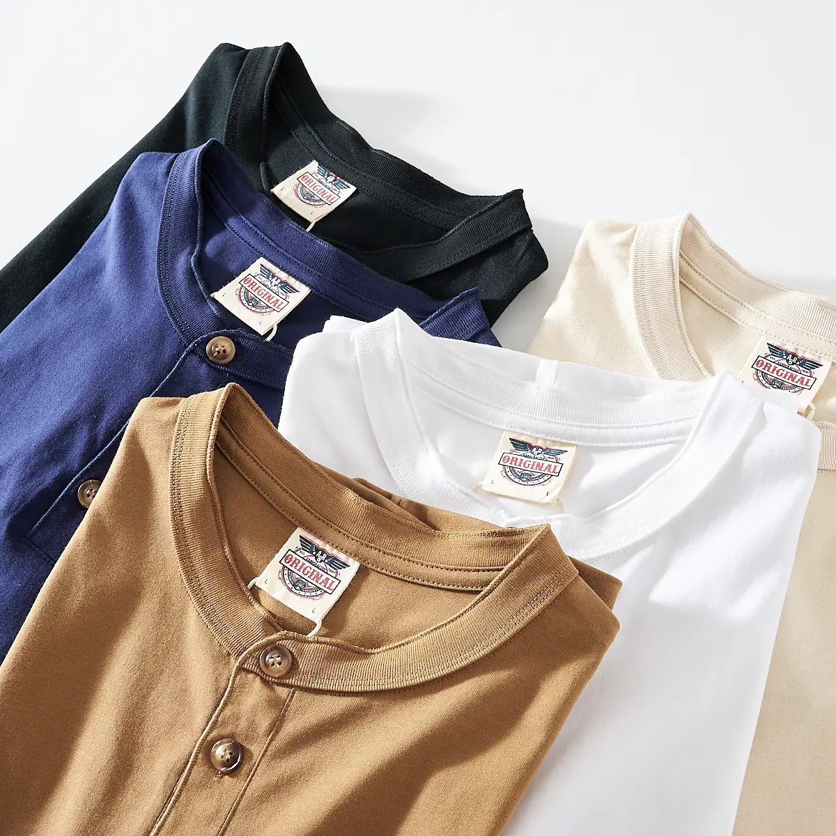 2025 Summer American Retro Short Sleeve Henry Collar Solid Color T-shirt Men's Simple 100% Cotton Washed Casual Tough Guy Tops