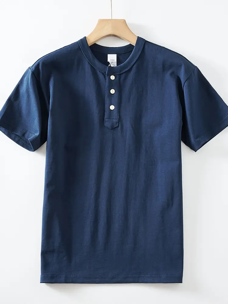 2025 Summer American Retro Short Sleeve Henry Collar Solid Color T-shirt Men's Simple 100% Cotton Washed Casual Tough Guy Tops