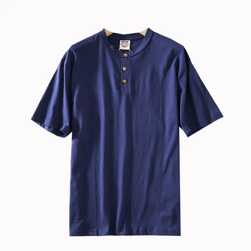 2025 Summer American Retro Short Sleeve Henry Collar Solid Color T-shirt Men's Simple 100% Cotton Washed Casual Tough Guy Tops