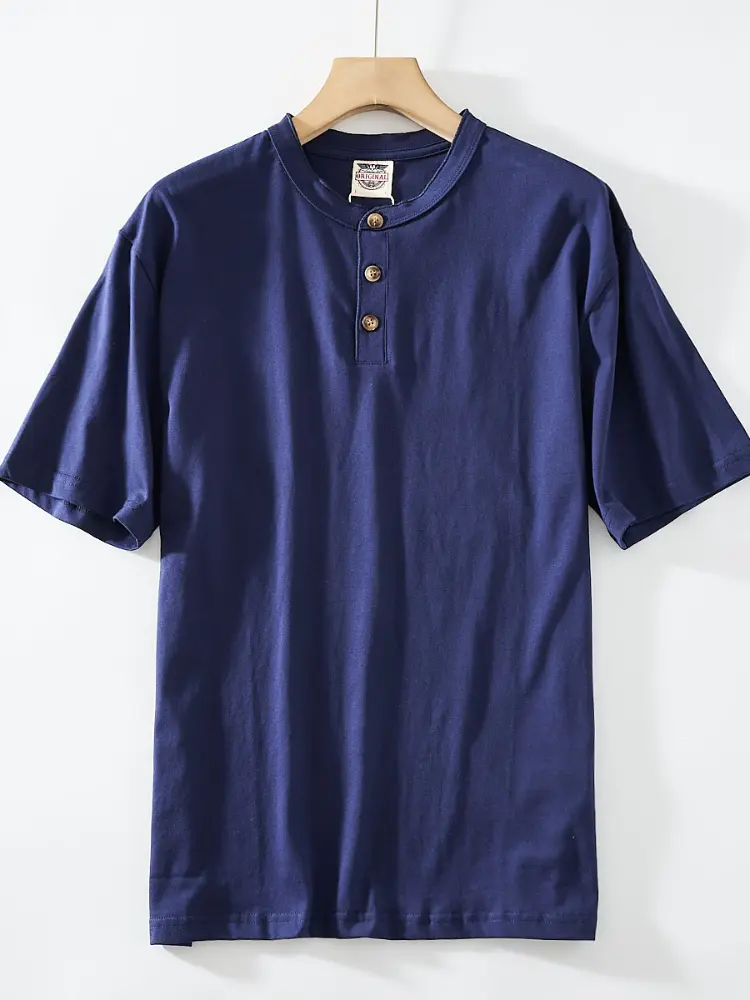2025 Summer American Retro Short Sleeve Henry Collar Solid Color T-shirt Men's Simple 100% Cotton Washed Casual Tough Guy Tops